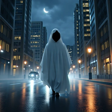 A ghostly figure wandering through a modern cityscape at night