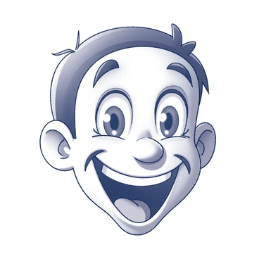 A face with pronounced features showing a range of emotions. The lines are bold and varied, capturing the intensity of expression. The eyebrows are furrowed, and the mouth is open in a wide, lively smile. The eyes are wide and sparkling, reflecting excitement or joy. The overall composition conveys energy and movement, emphasizing the dynamic nature of the emotional display through contrasting line strokes.