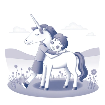 A child is embracing a unicorn in a playful posture. The child has bright eyes and a joyful smile, wearing a simple outfit. The unicorn, with a spiraling horn and a flowing mane, is leaning into the hug. The setting features a meadow filled with various flowers and tall grasses. In the background, there are distant hills and a few fluffy clouds in the sky. The overall scene conveys a sense of wonder and joy.