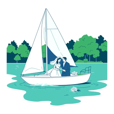 A white sailboat is gently gliding across a teal lake, with soft ripples forming around it. Onboard, a couple is sitting together, dressed in elegant wedding attire. The bride is wearing a flowing white dress, and the groom is in a classic navy suit. They are holding hands and smiling at each other, surrounded by delicate floral decorations adorning the boat. In the background, lush green trees line the lake's shore, under a clear blue sky. A small bouquet of flowers rests on the boat's deck, adding to the romantic atmosphere.