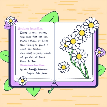 A nature journal is open to a page filled with pressed daisy flowers. The daisies are arranged neatly, showcasing their distinct white petals and yellow centers. Next to the flowers, there are handwritten notes in a neat script. The notes describe observations about the daisies—such as their habitat and blooming season. The journal is resting on a wooden table, with a few additional pressed flowers peeking from the edges of the pages, adding to the natural theme. A small green leaf is also placed beside the journal, complementing the pressed flowers.