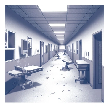A large, abandoned hospital building with peeling paint on the walls and broken windows. The hallways are dimly lit, with flickering overhead lights casting shadows. Broken medical equipment, such as rusted gurneys and shattered IV stands, are scattered throughout the corridor. Dust and debris cover the floor, indicating years of neglect. The atmosphere feels eerie and silent, with the remnants of a once-busy environment now lying in decay.