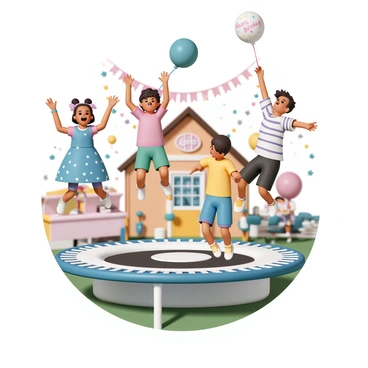 A group of five children, two girls and three boys, are bouncing on a trampoline in the backyard of a house decorated for a birthday party. The first girl, wearing a blue dress with white polka dots, has her arms raised high while laughing. The second girl, in a pink top and purple shorts, is mid-air with a big smile on her face. One boy, dressed in a yellow T-shirt and green shorts, is jumping high with his legs spread apart. Another boy, wearing a red shirt and blue jeans, is reaching out to grab a birthday balloon that is floating nearby. The last boy is bouncing slightly lower, wearing a striped shirt and black shorts, with a joyful expression. Colorful streamers and a big "Happy Birthday" banner are visible in the background, along with a table filled with birthday treats and a cake.