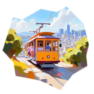 A vintage cable car is ascending the steep hills of San Francisco, surrounded by lush green hillsides. The cable car, painted in bright colors, features wooden benches and is adorned with intricate details. Passengers, dressed in various styles typical of a bygone era, are enjoying the ride, some looking out at the panoramic city views. In the background, the skyline of San Francisco is visible, with a mix of historic and modern buildings under a clear blue sky. The scene captures the charm of the city and the nostalgic feel of the cable car journey.