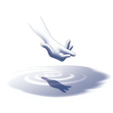 A silhouette of a hand is positioned above the surface of the water, casting a shadow over the calm sea. The sea appears smooth and undisturbed, reflecting the light subtly. The outline of the hand is clearly defined, with fingers extended, creating an interesting contrast against the serene surface of the water below. The scene evokes a sense of tranquility and simplicity, with the interaction between the hand and the sea as the focal point.
