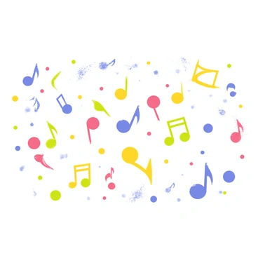 Colorful music notes in various shapes and sizes are scattered across the image. Each note features bright colors such as red, blue, yellow, and green. The background is filled with dynamic patterns and textures, creating a lively atmosphere. The overall composition radiates energy and enthusiasm, showcasing the joy of music.
