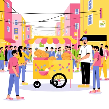 A bustling street in Kolkata filled with colorful buildings and vibrant activity. A vendor stands beside a small cart adorned with bright decorations, selling steaming hot puchka. The cart is equipped with multiple compartments filled with crispy puchka, a bowl of spicy tamarind water, and fresh garnishes. Passersby, including a group of excited children and adults, eagerly line up to purchase the snacks. Various street signs and a few pedestrians in traditional attire enhance the lively atmosphere of the scene.