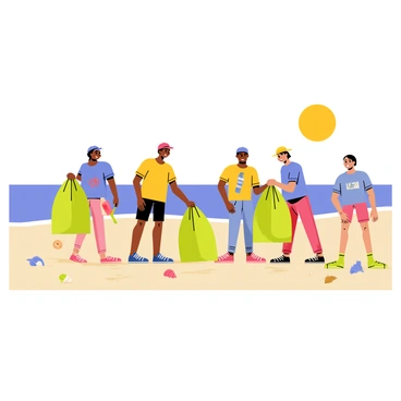 A diverse group of volunteers is actively cleaning up a beach. The volunteers include individuals of different ethnicities and ages, wearing colorful t-shirts and sun hats. They are collecting trash and plastic waste, using large green garbage bags to gather the debris. Some volunteers are picking up plastic bottles and wrappers, while others are using grabbers to collect small pieces of waste. The sandy beach is dotted with a few seashells and pieces of driftwood, and the ocean waves gently lap at the shore in the background. The bright sun is shining, providing a warm and inviting atmosphere to the scene.