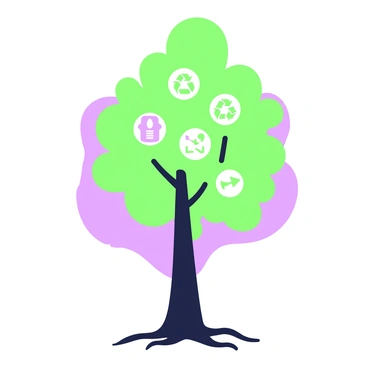 A tall tree with a thick trunk stands prominently in the center of the image. The leaves of the tree are shaped like carbon emission symbols, each one distinctly showcasing the design. The branches stretch outwards, creating a lush canopy filled with these unique leaves. The background features a soft gradient, which helps to emphasize the intricate shape of the leaves. The tree roots are visible, sprawling out onto the ground, adding to the overall organic feel of the illustration.