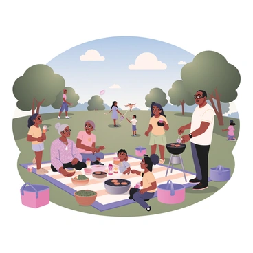 A large family picnic taking place in a spacious park. In the foreground, a diverse group of family members is gathered around a colorful picnic blanket. The family includes a grandmother with gray hair in a bun, wearing glasses and a floral dress, sitting with her two grandchildren, a boy and a girl, both wearing bright t-shirts. Nearby, a middle-aged man with dark skin and short hair is grilling burgers on a portable grill, while a woman with long curly hair is serving a green salad from a bowl. In the background, several family members of various ages are playing games, such as frisbee and tug-of-war. Trees with lush green leaves surround the picnic area, and a blue sky with fluffy white clouds fills the background. There are picnic baskets filled with food and drinks scattered around the blanket.