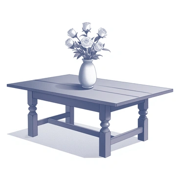 A rustic wooden dining table is prominently featured in the image. On top of the table, there is a centerpiece composed of several roses, elegantly arranged in a decorative vase. The roses vary in size and shape, adding diversity to the composition. The wooden texture of the table creates a warm and inviting atmosphere. Soft shadows cast by the centerpiece enhance the depth and dimension of the scene.