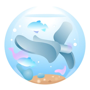 A close-up of a tidal energy collector submerged underwater. The collector is made of a sleek, metallic structure with distinct fins for harnessing tidal energy. Surrounding the collector, several colorful fish are swimming gracefully, showcasing a variety of shapes and sizes. Sunlight filters through the water, creating a shimmering effect on the surface above. Small bubbles rise around the collector, enhancing the underwater scene. The aquatic environment is rich with details, including the ocean floor covered in sand and rocks, adding depth to the image.