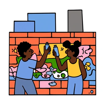 Two artists, one with medium brown skin and short curly hair wearing a blue t-shirt and the other with light skin and long black hair tied in a bun wearing a yellow tank top, are working together on a vibrant mural on a brick wall in an urban setting. The mural features bright colors and intricate designs, including flowers and abstract shapes. The artists are using spray cans, with paint splatters surrounding them. They are focused on their work, collaborating and discussing their ideas as they create. In the background, there are tall buildings and a clear blue sky.