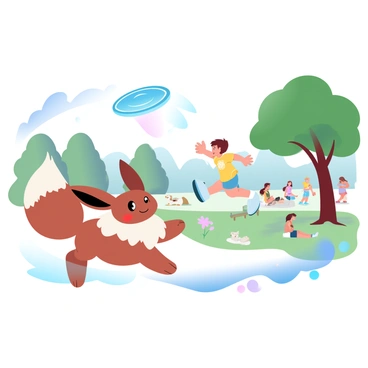 An Eevee is chasing a colorful Frisbee that is soaring through the air, with its ears perked up and tail held high. The Frisbee is mid-flight, glinting under the sunlight. In the background, a child is seen running with excitement, wearing a bright t-shirt and shorts, their arms outstretched as they throw the Frisbee. Surrounding them are various people enjoying the park, walking dogs, sitting on benches, and having picnics. Trees line the park, their leaves creating a lush green canopy, while a small pond with ducks can be seen nearby. A few flowers add splashes of color along the pathways.