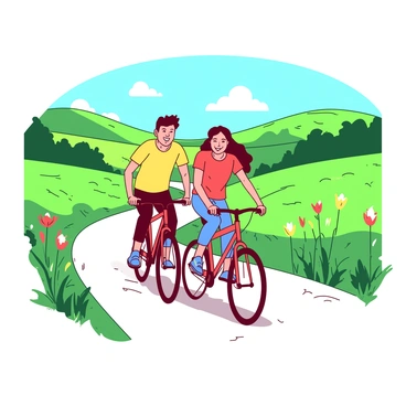 Two friends are riding bicycles along a winding country road. One friend is wearing a yellow shirt and the other is dressed in a red shirt. Both are smiling and enjoying the ride. Lush green fields stretch on either side of the road, dotted with wildflowers in various colors. In the background, gentle hills rise, their slopes covered in vibrant greenery under a clear blue sky. The sun casts soft shadows, enhancing the cheerful atmosphere of the scene.