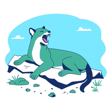 A teal cougar is lying comfortably on a rocky outcrop, yawning widely with its mouth open, revealing sharp teeth. The cougar's fur is sleek and well-groomed, with a subtle sheen in the sunlight. Above the cougar, the sky is clear and bright, showcasing a vibrant expanse of blue. Small tufts of grass and scattered pebbles surround the cougar, adding texture to the rocky surface it rests on. The composition captures the essence of a tranquil moment in nature.