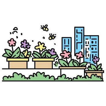 A rooftop garden filled with various vibrant plants, showcasing colorful flowers in shades of red, yellow, and purple. Bees are actively flying around, collecting nectar from the blooms. The cityscape in the background features tall buildings with glass windows reflecting the sunlight. The rooftop is equipped with wooden planter boxes and green grass patches, creating a lively and flourishing atmosphere.