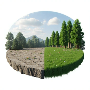 A forest scene depicting a transformation from barren land to a lush, green landscape. On the left side, the ground is dry and cracked, with sparse patches of gray soil and a few leafless branches scattered around. As the eye moves to the center, small green shoots begin to emerge from the earth, indicating the start of new growth. On the right side, the landscape is vibrant and full of life, featuring tall trees with thick green foliage, blooming flowers in various colors, and a carpet of rich grass covering the ground. The sky above transitions from a dull gray to a bright blue with fluffy white clouds, symbolizing the arrival of a new season.