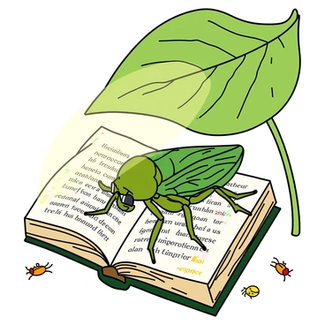 A green cicada with detailed wings, perched on the edge of a small, open book. The book is illustrated with colorful drawings and has tiny letters printed on its pages. The cicada wears tiny glasses as it intently focuses on the text. Above it, there is a large green leaf providing shade, with veins clearly visible. Sunlight filters through the leaf, creating a dappled light effect on the ground beneath. Various small insects can be seen in the background, adding to the vibrant environment.
