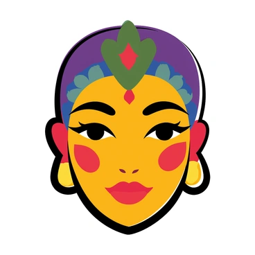 A close-up of a woman's face with bold makeup featuring geometric designs and bright colors, adorned with an intricate art deco inspired headpiece.