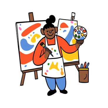 An artist with medium skin and short black hair is standing in front of a large canvas. The artist is holding a paintbrush in one hand and a palette filled with vibrant colors in the other. The canvas is covered in vivid swaths of color, featuring bold strokes and dynamic shapes. The artist is wearing a white apron splattered with paint, and a look of concentration is evident on their face as they focus on their work. Bright colors such as red, blue, and yellow dominate the scene, creating an energetic atmosphere around the workspace.
