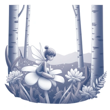 A tiny fairy sits delicately on a large flower with intricate petals. The fairy has delicate wings that are slightly outstretched, and its expression conveys deep thought. Surrounding the flower is lush greenery, with various plants and foliage framing the scene. In the background, tall trees with textured bark reach towards the sky, creating a sense of depth and a magical atmosphere. The fairy gazes thoughtfully over a vast landscape filled with mystical elements and soft outlines of distant hills.