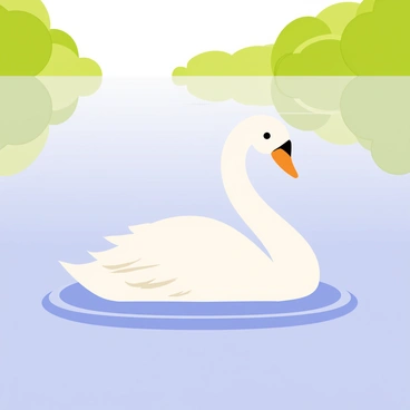 A graceful swan with white feathers gliding smoothly on a calm blue lake. The surface of the lake reflects green trees lining the shore, creating a mirrored effect. Gentle ripples radiate outwards from the swan's movement, adding subtle texture to the water. Soft sunlight filters through the leaves, casting delicate shadows on the water's surface.