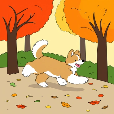 A medium-sized dog with fluffy fur and a wagging tail is playfully chasing after colorful fallen leaves. The dog's coat is a mix of light brown and white, and it has perked ears and a joyful expression. The setting features a vibrant canopy of trees showing various shades of orange, red, and yellow, creating a lively autumn atmosphere. The ground is scattered with a mix of crisp leaves, some caught mid-air as the dog leaps. Sunlight filters through the branches, casting playful shadows on the ground.