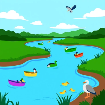 A sprawling river delta with winding waterways flowing through it. Colorful boats of various sizes navigate the channels, creating small ripples on the water's surface. Lush greenery surrounds the delta, with tall grasses swaying gently in the breeze. Birds of different species soar above, while a family of ducks paddles near the riverbank. In the distance, a heron stands patiently by the water, waiting for its next catch. The sky is bright blue, dotted with fluffy white clouds, casting playful shadows on the vibrant landscape.