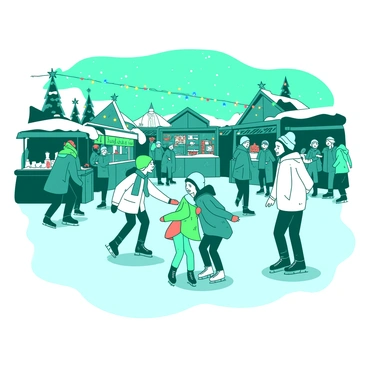A teal snowy winter fair scene features numerous people ice skating gracefully around a central ice rink. The rink is surrounded by festive stalls decorated with colorful lights. Some stalls are selling hot cocoa, while others display handmade crafts. A group of children wearing colorful winter hats and scarves are laughing as they skate together, while adults watch from the sidelines, wrapped in warm coats. Snowflakes gently fall from the sky, adding to the enchanting winter atmosphere. Each person has a joyful expression while gliding across the ice.