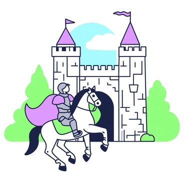 "Jeanne d'Arc is approaching a majestic medieval castle on horseback. She is dressed in armor, with a flowing cape trailing behind her. The castle is tall, with stone walls, battlements, and a large entrance gate. Surrounding the castle, there are lush green trees and a clear blue sky above. As she rides, her horse is strong and gallant, with a shiny coat. The castle's towers rise prominently in the background, and there are flags flying from the top. The atmosphere is one of determination and nobility as she makes her entrance."