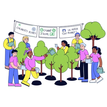 A community event taking place in a sunny park. A group of children and adults are planting young green trees into the soil. The children are holding small shovels and digging holes for the trees, while adults are providing guidance and support. Some participants are watering the newly planted trees using watering cans. In the background, there are banners that read "Plant Trees, Save Our Planet!" in bold letters. The scene is vibrant with greenery, and there is a sense of teamwork and enthusiasm among the participants.