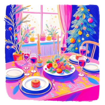 A festive holiday gathering takes place in a warmly lit room. There are several elegant wine glasses filled with deep red wine scattered across a beautifully set table. The table is adorned with a vibrant tablecloth featuring holiday patterns. Surrounding the area, there are colorful holiday decorations, including twinkling string lights and a variety of ornaments hanging from a nearby tree. A center display showcases a mix of candles and seasonal greenery, adding to the joyful atmosphere.