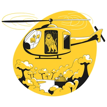 A helicopter hovering in the sky, with its side door open. Inside, a large cage holds a majestic lion, its mane flowing with the wind. Beside the lion, a smaller cage contains a group of playful monkeys, their faces peering out with curiosity. Below the helicopter, a lush landscape filled with trees and a winding river creates a vibrant backdrop. The helicopter's rotors spin rapidly, creating a sense of movement as it transports the animals to their new reserve.