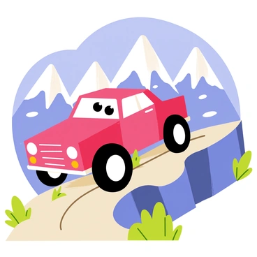 A determined 3D cartoon car with a bright red body and oversized wheels is climbing a steep mountain trail. The car has expressive eyes on the windshield, showcasing its determination. The trail is rocky and winding, surrounded by snow-covered peaks that rise majestically in the background. Patches of green grass are visible along the sides of the dirt path, adding contrast to the scene. The sky above is a clear blue, with fluffy white clouds scattered throughout, enhancing the adventurous atmosphere.
