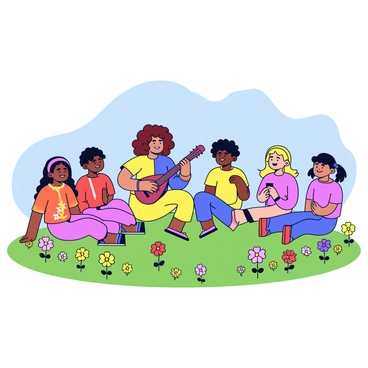 A bard with curly brown hair is playing a lute, sitting on a green patch of grass. The bard wears a colorful tunic and has a joyful expression. Around the bard, there are five friends sitting in a circle, each one smiling and enjoying the music. The group is surrounded by an array of vibrant wildflowers in various colors, such as yellow, red, and purple, scattered throughout the meadow. The sky above is a clear blue, adding to the cheerful atmosphere of the scene.