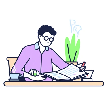 An editor is seated at a wooden desk, reviewing a manuscript with a red pen in hand. The manuscript is open on a lined notebook, with several pages visible, some marked with notes and corrections. The editor, a middle-aged person with glasses, is focused and thoughtful, wearing a light blue shirt and dark trousers. A steaming cup of coffee sits on the desk beside the notebook. There is a small potted plant in the background, adding a touch of greenery to the workspace.