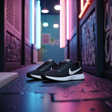 A pair of Nike shoes, featuring a combination of black and white colors with a striking design, sits on the damp pavement of an urban alley. Multi-colored neon lights cast a vibrant glow on the shoes, highlighting their sleek profile and intricate details. Graffiti-covered brick walls frame the scene, adding an edgy urban atmosphere. The ground is wet, reflecting the colors of the neon, with hints of blue, pink, and green illuminating the surroundings. The alley appears narrow and slightly cluttered, with scattered debris and shadows enhancing the depth of the environment.