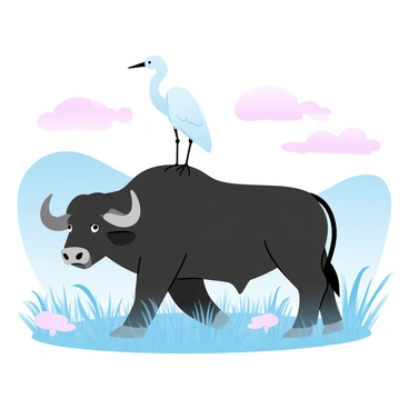 A cattle egret is perched atop a large buffalo. The buffalo has a sturdy build with a glossy coat and strong horns, standing firmly in an open field filled with tall grass swaying gently in the breeze. The sky above features gradient pastel colors transitioning from soft pink to light blue, creating a tranquil atmosphere. The egret, with its white feathers contrasting against the buffalo's dark coat, stands confidently, adding a touch of elegance to the scene. In the background, rolling hills are softly outlined against the sky, enhancing the open landscape.
