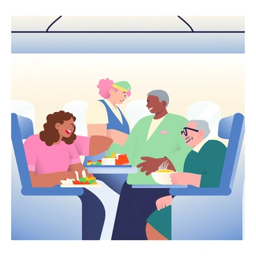 An airplane cabin is filled with passengers seated comfortably in their seats. A flight attendant in a crisp uniform is serving meals to the passengers. One passenger, a woman with curly brown hair, is selecting a dish from a tray filled with colorful food options, including a salad and a dessert. Another passenger, an elderly man with glasses, is smiling while enjoying a steaming bowl of soup. Overhead, the luggage compartments are closed, and the soft, ambient cabin lights create a warm atmosphere. The windows are partially covered with shades, filtering the sunlight into a gentle glow.