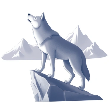 The silhouette of a "grey wolf" is depicted standing confidently on a "rocky cliff". The "cliff" juts out prominently, showcasing the rugged texture of the rocks beneath. In the background, a vast "mountain range" extends across the horizon, with peaks that rise sharply against the sky. The wolf stands tall, its posture alert and poised, creating a striking contrast against the landscape. The focus is on the strong outline of the wolf and the dramatic shapes of the mountains in the distance.