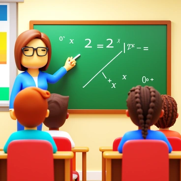 A teacher standing at a blackboard, writing out a quadratic equation in white chalk. The teacher has short brown hair and wears glasses, while focused students are seated at desks, looking towards the blackboard with expressions of curiosity. The students have diverse appearances, including one with curly hair and another with braided hair. The classroom is well-lit, with colorful educational posters on the walls and a window letting in natural light. The blackboard is filled with mathematical symbols and a graph representing the quadratic equation.