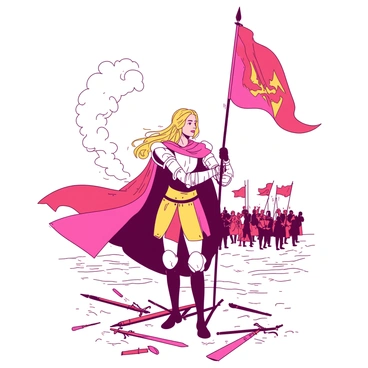 A duotone illustration features "Jeanne d'Arc" standing confidently on a battlefield. She is wearing a suit of armor that shines in a vibrant hue of {color_1}. In her right hand, she is holding a tall, flowing banner that displays a vivid emblem. The banner is waving in the wind, creating a dynamic sense of movement. The ground beneath her feet is littered with remnants of battle, including scattered weapons and flags in shades of {color_2}. The atmosphere around her conveys the intensity of the moment as she stands resolute amidst a backdrop of smoke and distant figures.