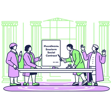 A grand hall with high ceilings and ornate columns is filled with historical figures gathered around a long, polished wooden table. At the center of the table, a large document titled "Foundational Social Contract" is spread out. One figure, dressed in a colonial-style coat, is holding a quill poised above the document, ready to sign. Nearby, another figure is studying the document intently, while a third figure gestures emphatically as they discuss its importance. Soft light filters through the tall windows, illuminating the scene and casting shadows on the intricately patterned floor. Each figure is adorned in period-appropriate attire, showcasing a variety of styles from the historical era.