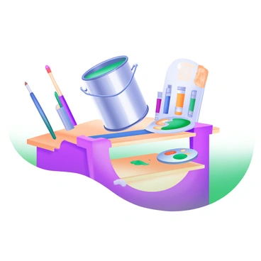 A paint can is teetering on the edge of a high shelf, its metallic surface gleaming under bright light. The shelf is filled with various art supplies, including brushes, a palette, and tubes of paint in a range of colors. Below the shelf, the floor is wooden, and there’s a small splash of paint on the surface indicating a recent project. The scene captures the tension of the paint can's precarious position, with shadows cast from the shelf above enhancing its height.