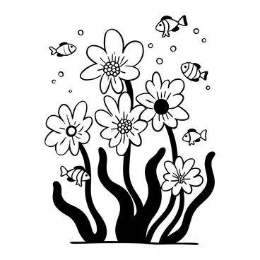 A cluster of delicate flowers with detailed petals growing underwater, surrounded by various fish swimming gracefully. The flowers have intricate textures and appear to be glowing, creating an enchanting atmosphere. Fish of different shapes and sizes swim around the flowers, with some weaving in and out of the flowers' stalks. Bubbles rise from the flowers, accentuating the magical feel of the underwater scene.