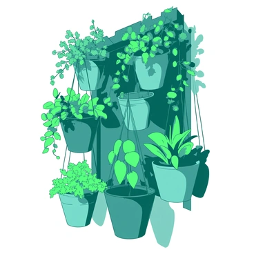 A teal vertical garden is attached to a white wall, featuring various hanging pots overflowing with lush green plants. Each pot contains different types of greenery, with some trailing vines cascading downwards. The wall is partially shaded by the vibrant foliage, creating a sense of depth. The pots are arranged in an aesthetically pleasing pattern, enhancing the overall visual appeal of the vertical garden.
