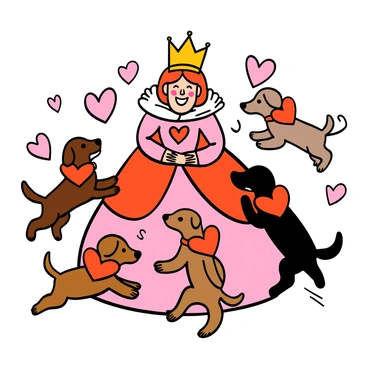 A queen with light skin and vibrant red hair is laughing joyfully. She is wearing a regal dress adorned with heart motifs, featuring a fitted bodice and a voluminous skirt. Around her, playful puppies of various breeds are frolicking. Each puppy is dressed in a heart costume, showcasing bright colors like red and pink. The scene is filled with the puppies leaping and tumbling around the queen, creating a lively and cheerful atmosphere.