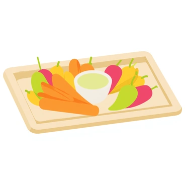A colorful tray filled with healthy snacks featuring a light green hummus dip in a small white bowl at the center. Surrounding the bowl are vibrant orange carrot sticks, arranged in a fan shape. Brightly colored sliced bell peppers in red, yellow, and green are placed artistically around the tray. The tray itself is rectangular and made of light wood, adding a natural touch to the presentation. The background is a clean white surface, enhancing the vivid colors of the snacks.