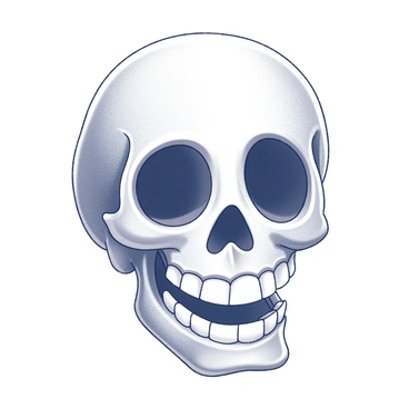 A cartoon skull with exaggerated features. The skull has large, round eye sockets and a broad grin that reveals prominent teeth. Its expression conveys friendliness and approachability. The skull is set against a simple, unadorned background, emphasizing its cheerful demeanor.